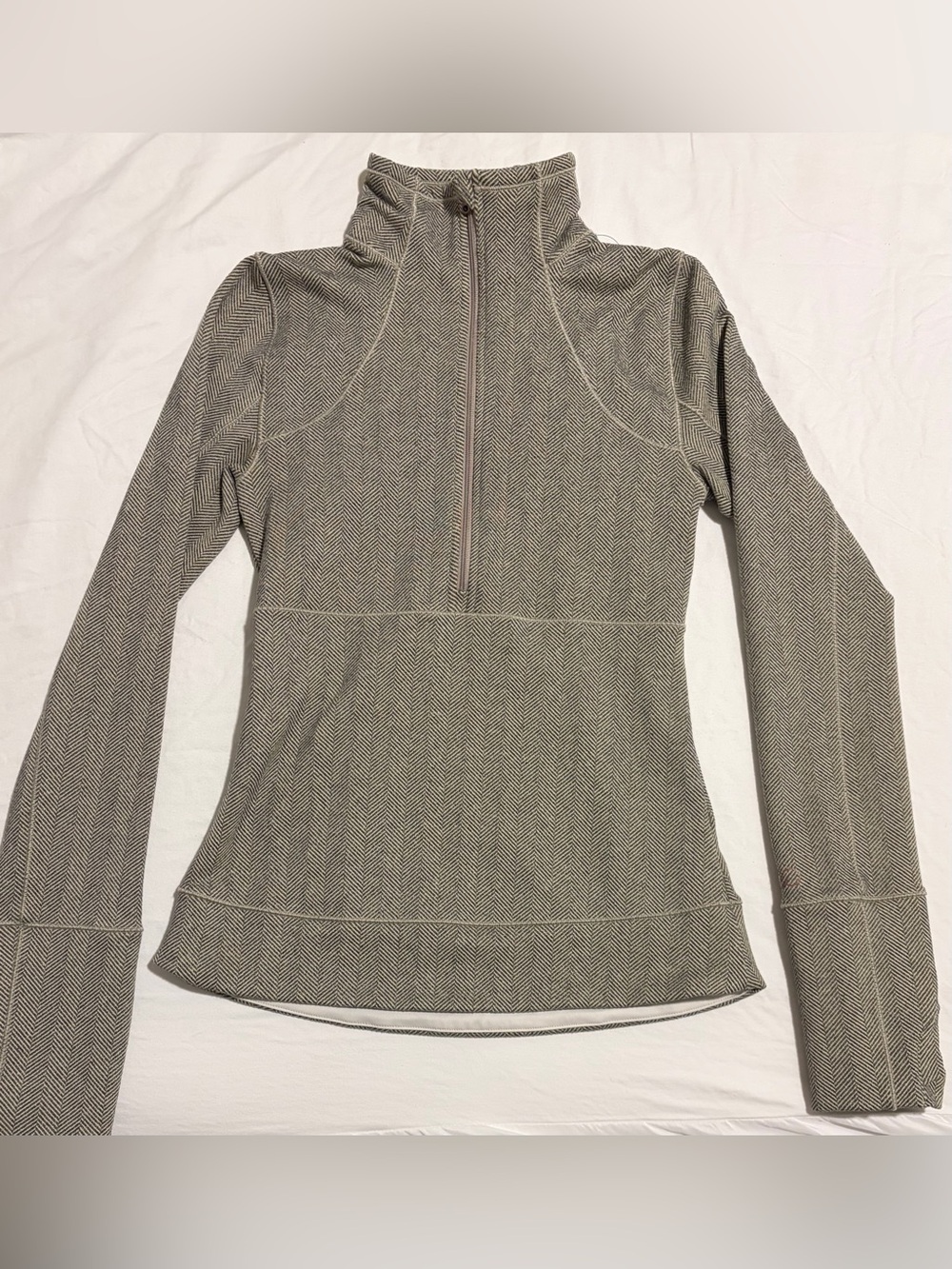 CALIA Half Zip Fitted Pullover, Gray Herringbone, Thumbholes, Size XS